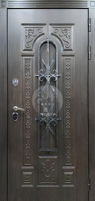 Дверь одностворчатая с кованой решеткой и стеклом, отделка Vinorit-ДВ-674